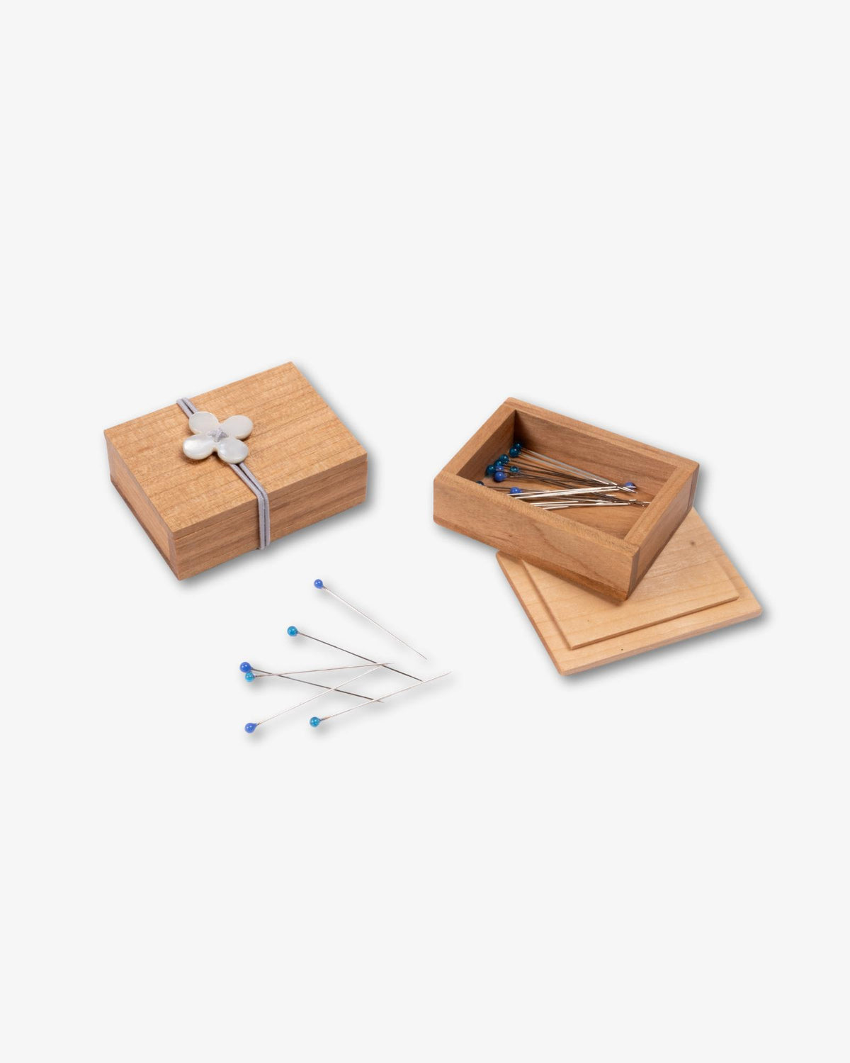 Glass Sewing Pins in Cherry Wood Box